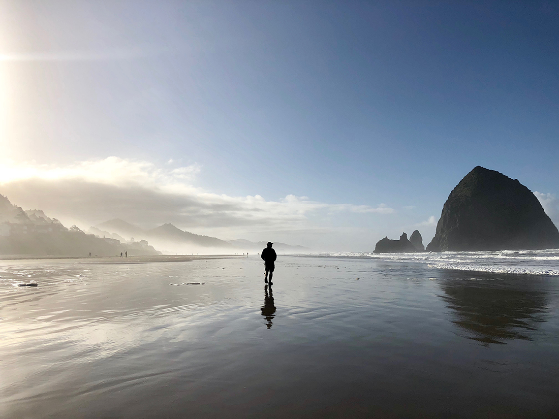 A long figure walks along a beach with looming rocks in the distance. 