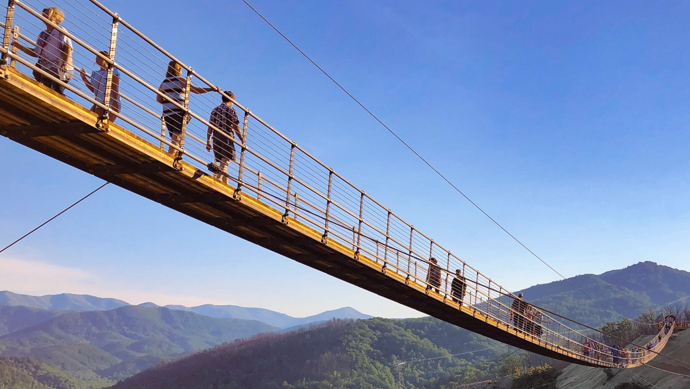 People walk across a sagging suspension bridge. Image taken from below.