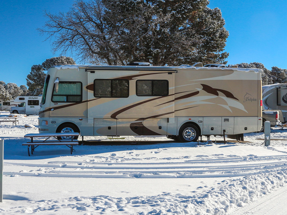 A motorhome with slide-out deployed parked in the snow in front of a bare tree.
