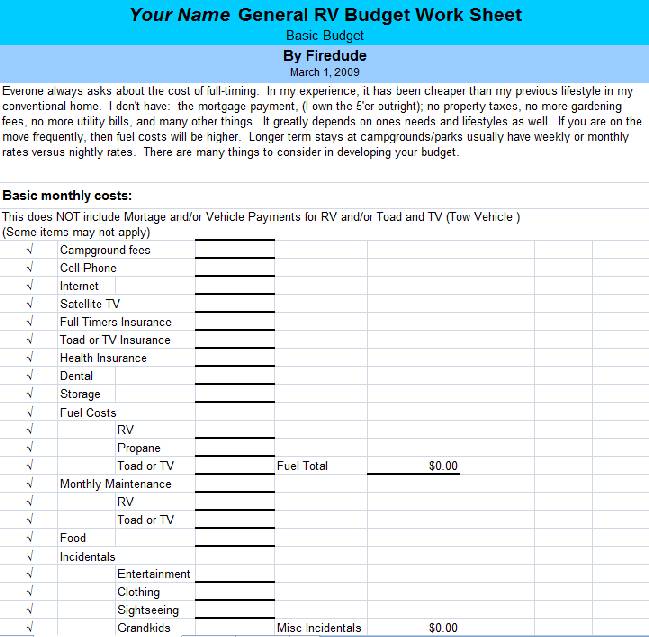 General RV Budget spreadsheet 