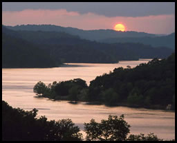 Tennessee sunset over rolling river and hills