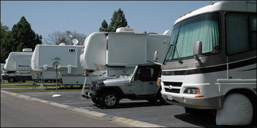 RVs parked at campsites at La Pacifica RV Resort, San Diego.