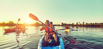 Children on canoe, Family on kayak ride.