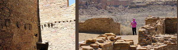 Left: Ancient logs still remain in the structure Right: Monique surveys the vast settlement