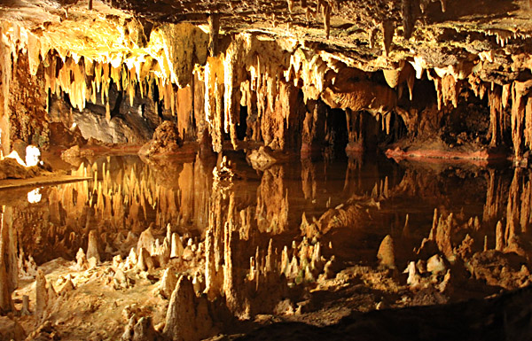 Far beneath the surface of the Earth is an enchanting lake, seen in Luray Caverns in Virginia