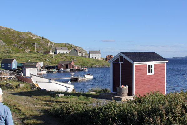 The red building at right is a "stage;" what we call piers are "flakes" up here.  Every cove-hugging village has fishermen going out daily from their flakes.