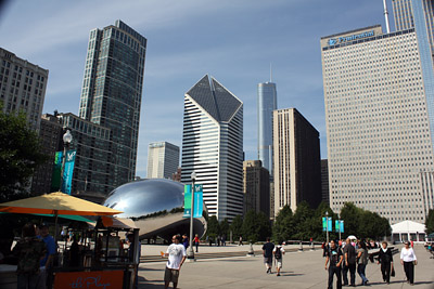 "The Bean" at left is the most interesting feature of Millennium Park in Chicago