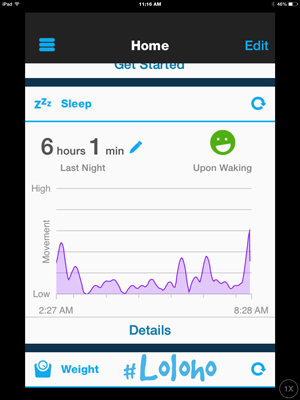 The Vivofit can be worn 24/7. It's not only waterproof, it tracks movement during sleep. Here's how I slept last night. 6 hours of sleep is not enough...