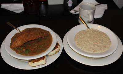 A truly excellent meal in Charleston -- I had catfish in grits; Monique, she-crab soup.