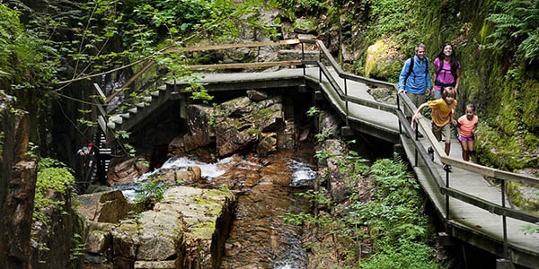 Two parents and two kids walk a long a catwalk that clings to a ravine wall.