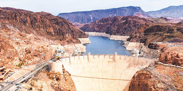 Hoover Dam holding back the Colorado River.