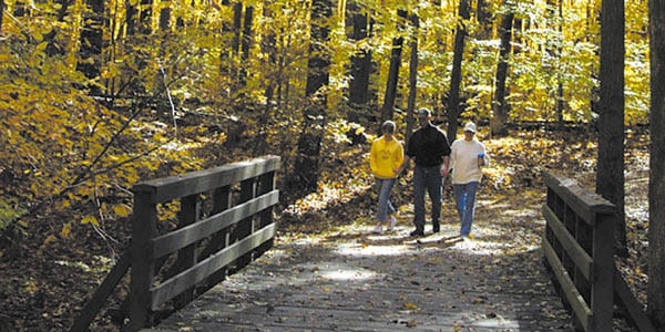 Two adults and a young person in a yellow sweater approach a short footbridge amid golden leaves.