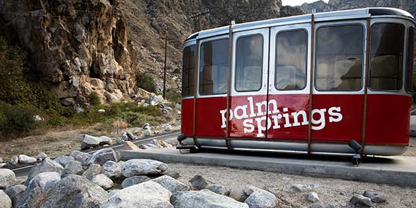 A tram with "Palm Springs" written on the side.