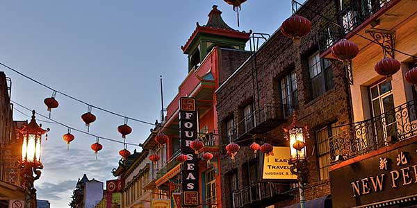 Lanterns hang from cables in beautiful Chinatown, SF