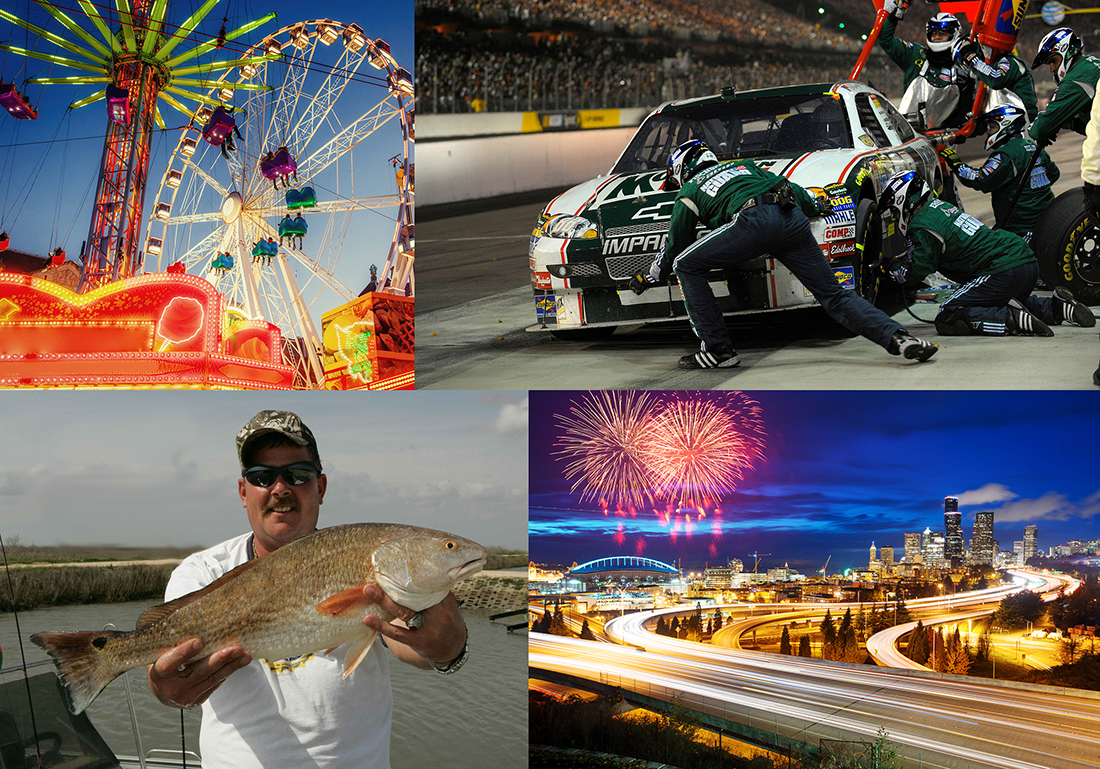 Collage of four images of man with fish, fireworks, nascar and ferris wheel