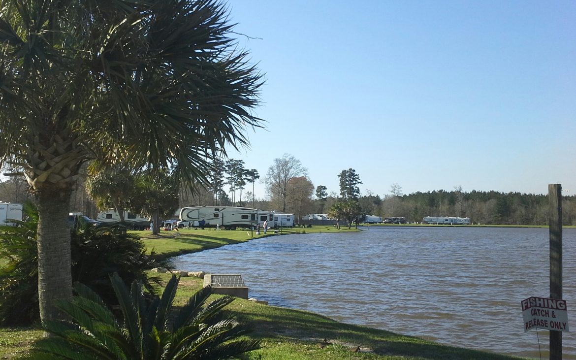 Natalbany Creek RV Park and Campground lake with RVs on sunny day