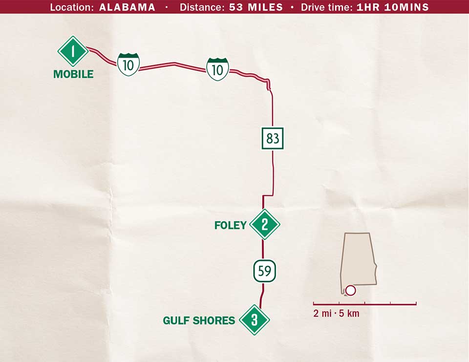 Alabama map showing road from Mobile to Gulf Shores and drive time of 1 hour, 10 minutes