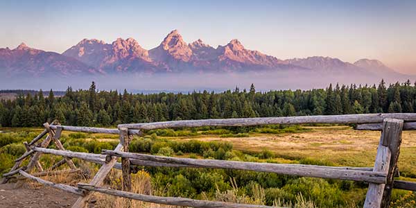 Jackson Wyoming mountains in background with wooden fence and pine trees 