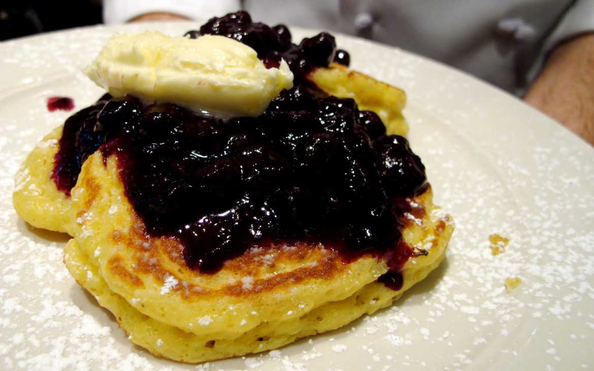 Pancakes with blueberry jam and lemon souffle 
