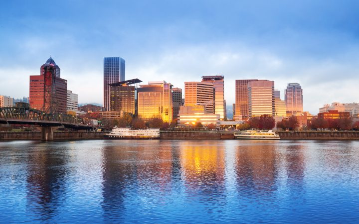tranquil water,cityscape and skyline of portland at sunrise