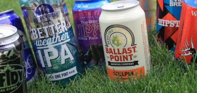 Canned craft beers on grass