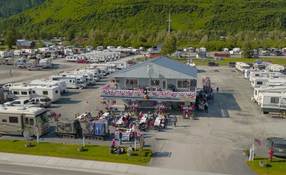 Aerial view of outdoor event and RV's parked at Eagles Rest RV Park