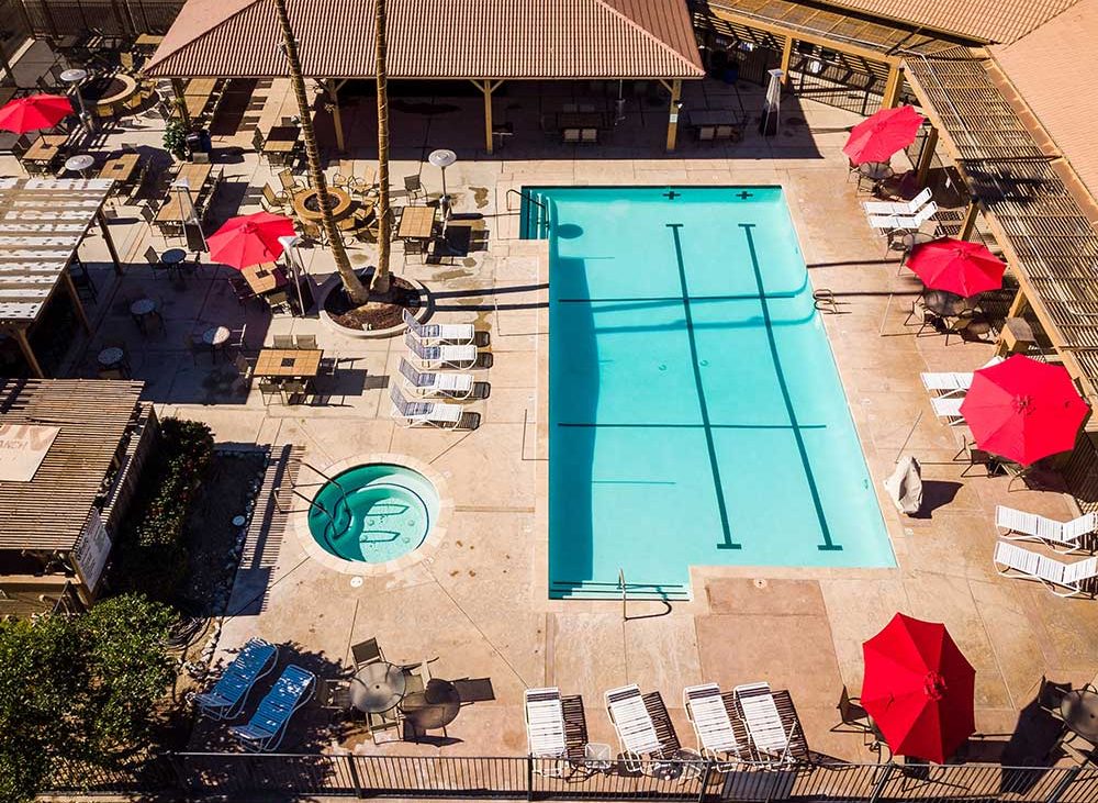 Aerial view of lap pool with circular spa and lounge chairs on sunny day