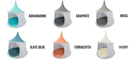 Promotional picture of the various colors that the TreePod Cabana is available in.