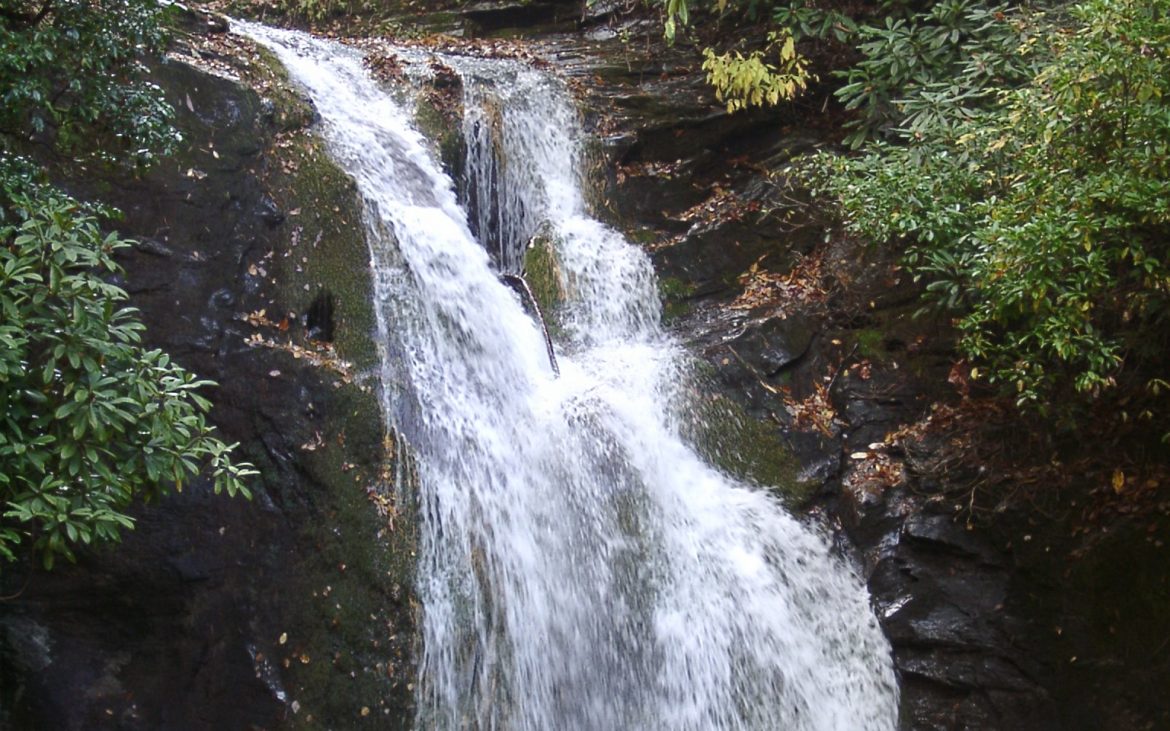 Waterfall falling into lake in wooded area.