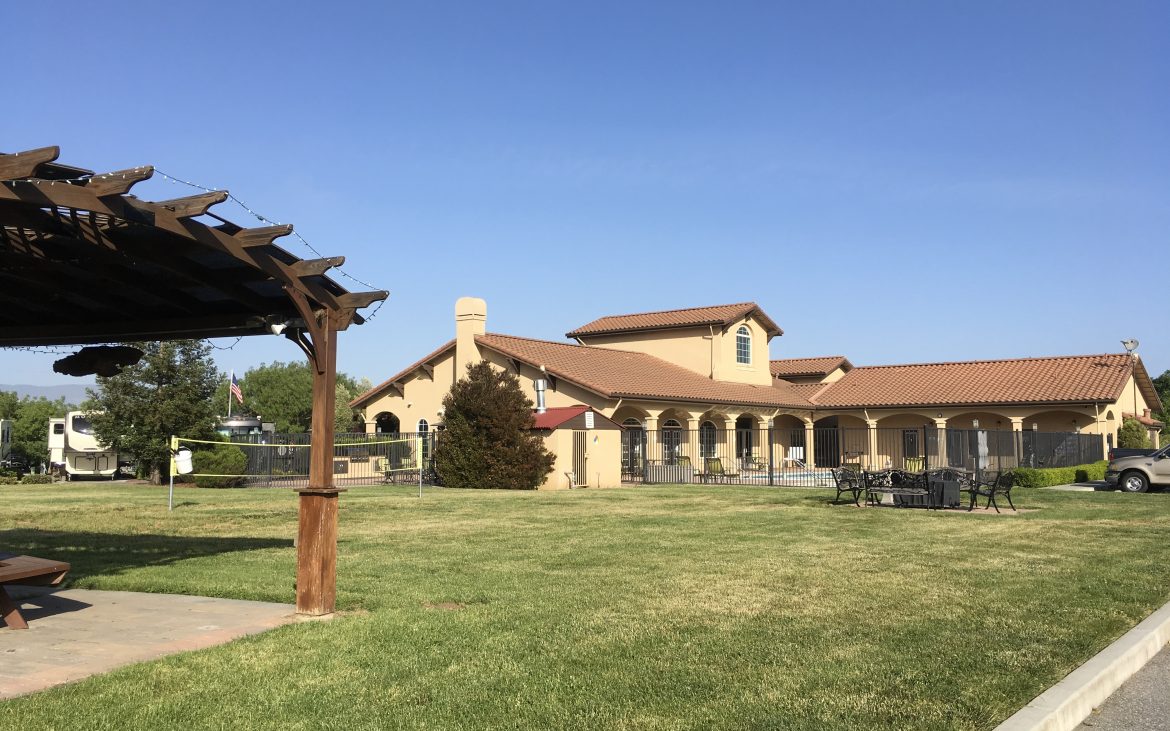 Large spanish clubhouse at Coyote Valley RV Resort