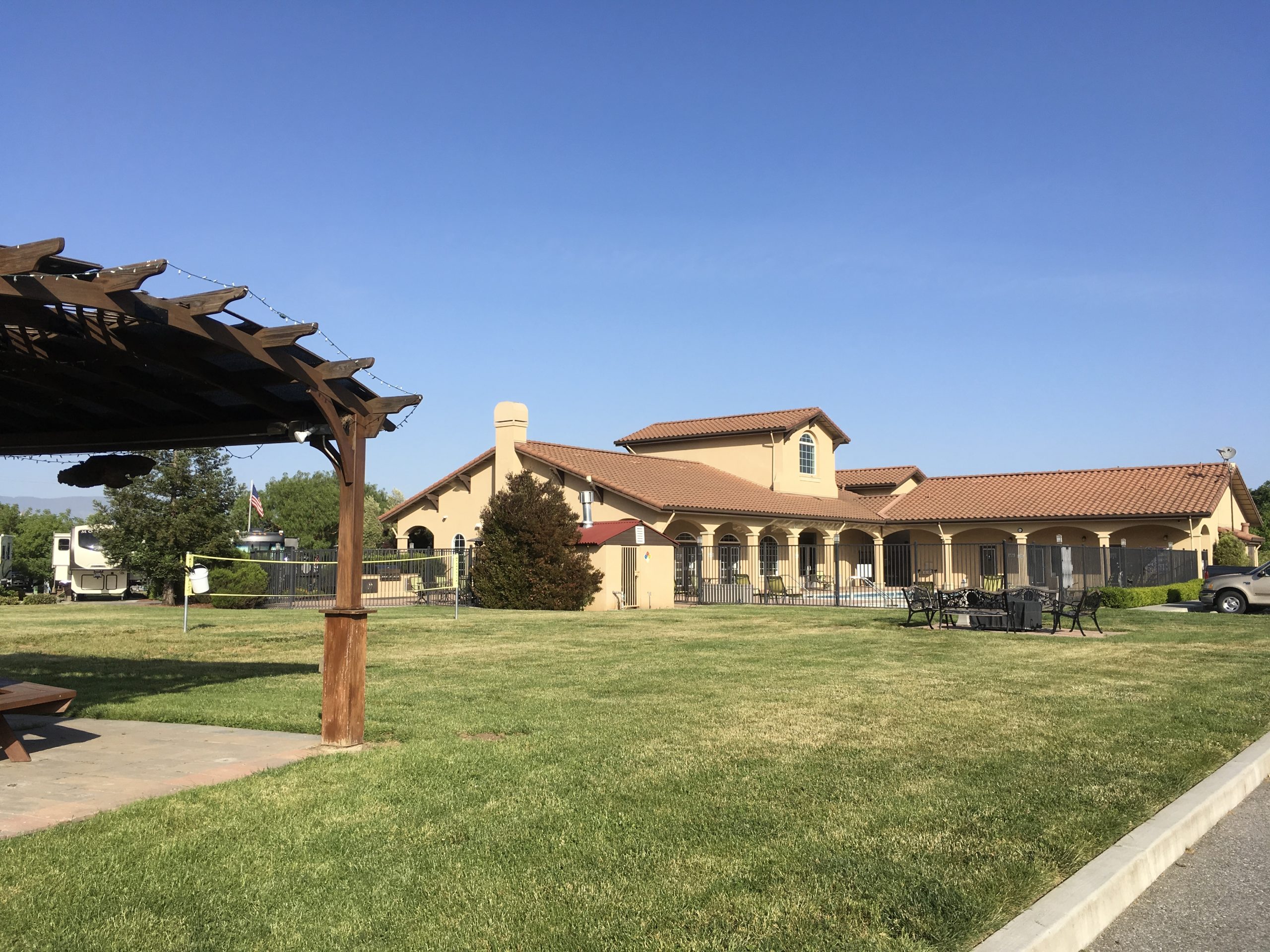 Large spanish clubhouse at Coyote Valley RV Resort