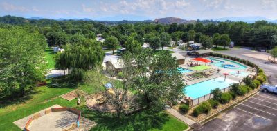 Aerial view of bright and clean community pool surrounded by lush trees