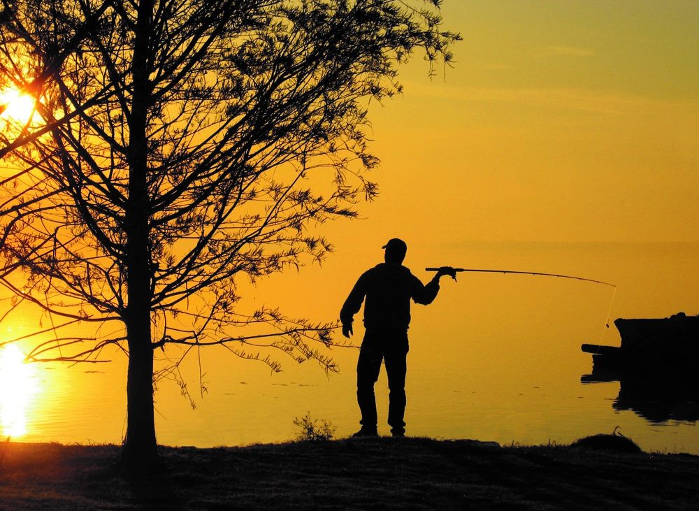 silhouette of man fishing