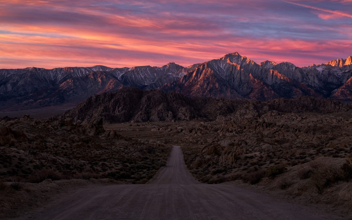 Sunrise from the iconic road in the Alabama Hills, Lone Pine, California