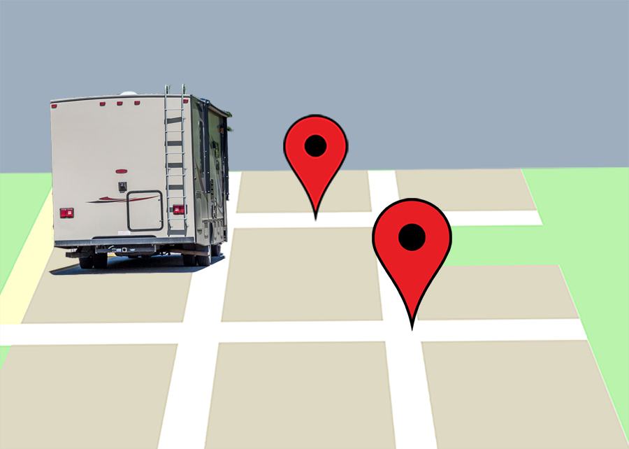 A photo illustration of a motorhome against a GPS map background.