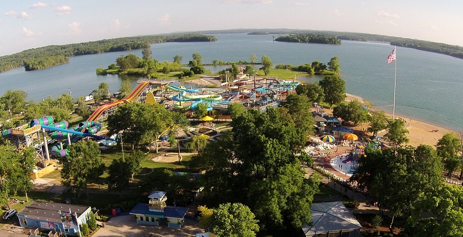 Aerial view of large waterpark on river
