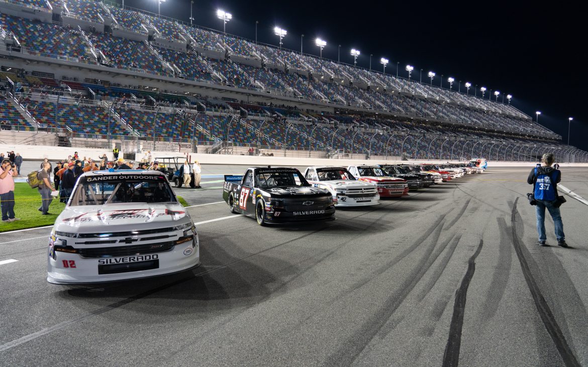 NASCAR Gander Outdoor cars lined up on racetrack