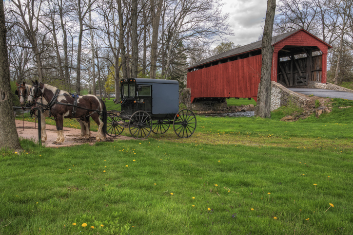 Amish horses and buggy parked near a covered bridge in Lancaster County, Pennsylvania.
