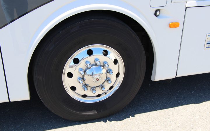 Close-up view of motorhome tire.