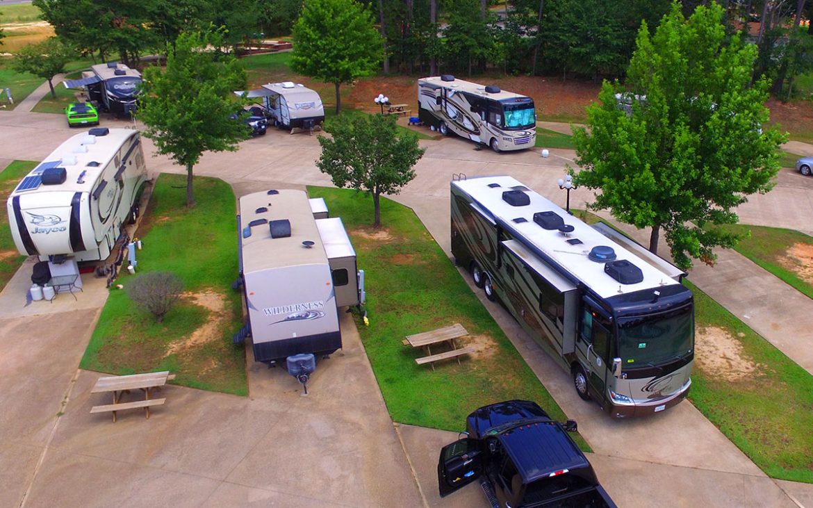 Aerial view of RVs and Trailers parked