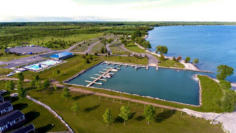 Aerial view of water and campground