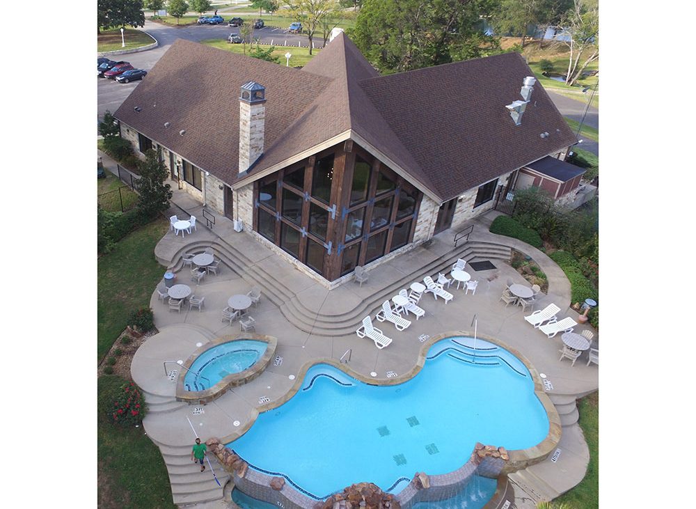 Aerial view of inviting resort pool and spa