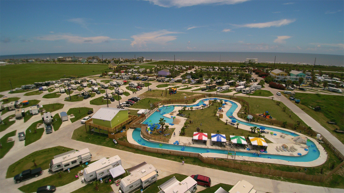 Aerial shot of lazy river in an RV resort.