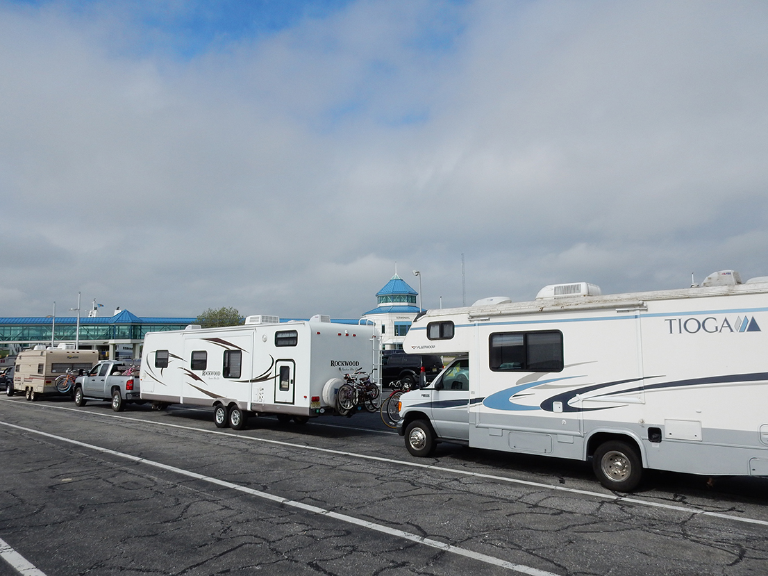 RVs line up to board the Cape May-Lewes Ferry.