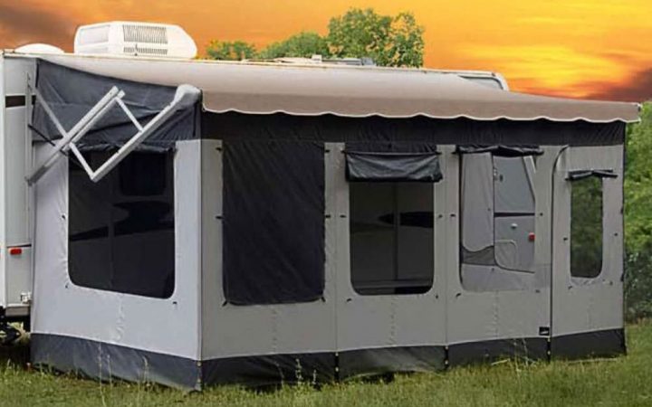 A screen room extending the living space of a trailer.