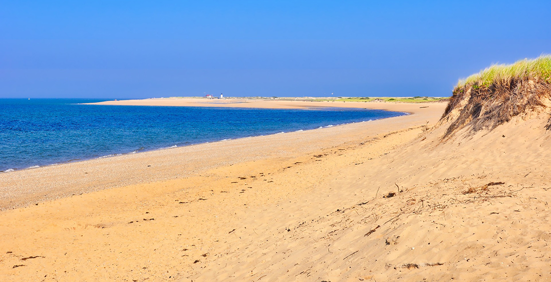 An uncrowded Cape Cod seashore curves as it stretches to the blue-sky horizon.