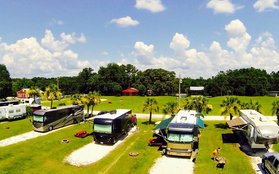 Aerial view of man trailers and RVs in line