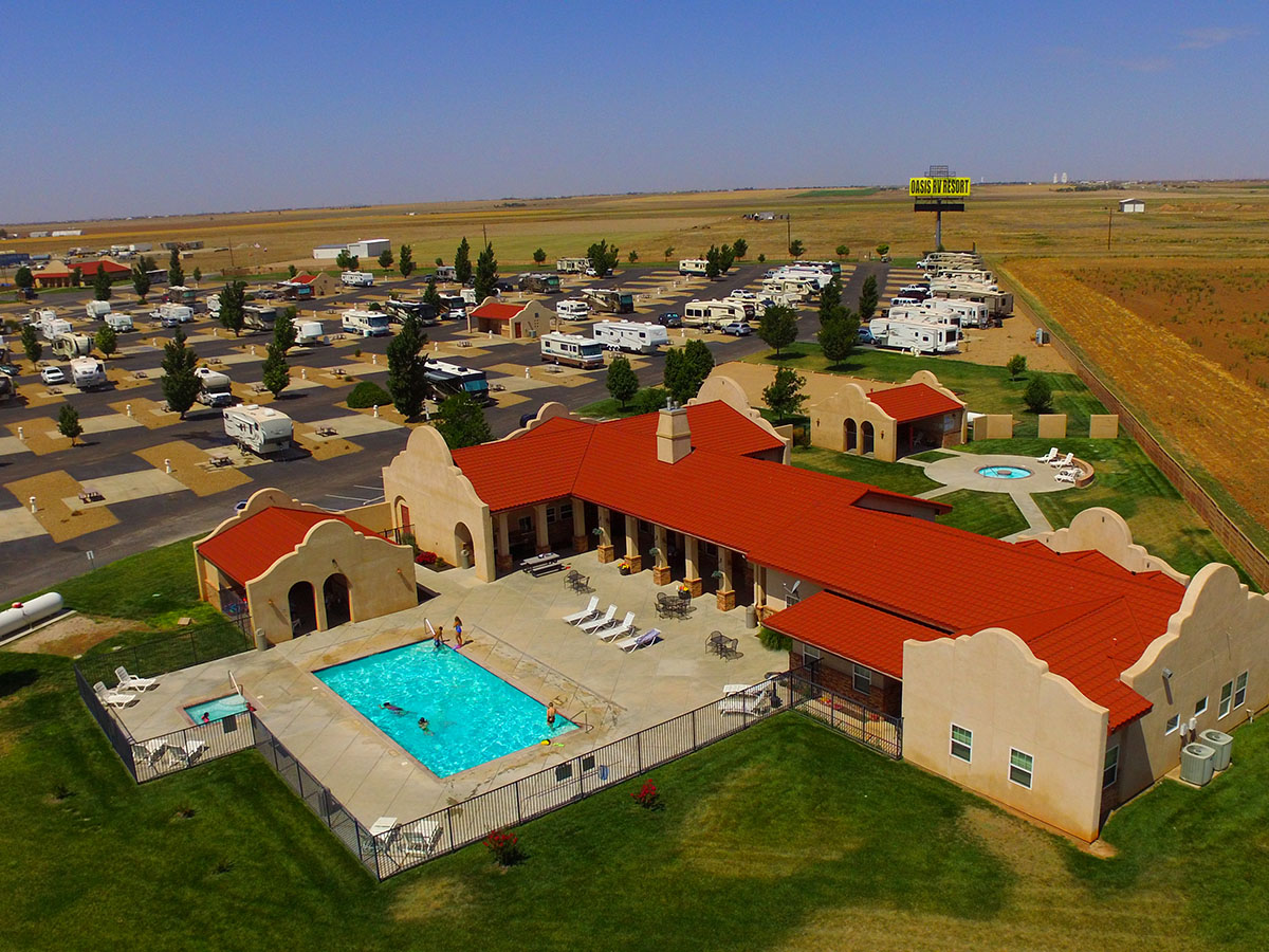Aerial view of RV park and pool