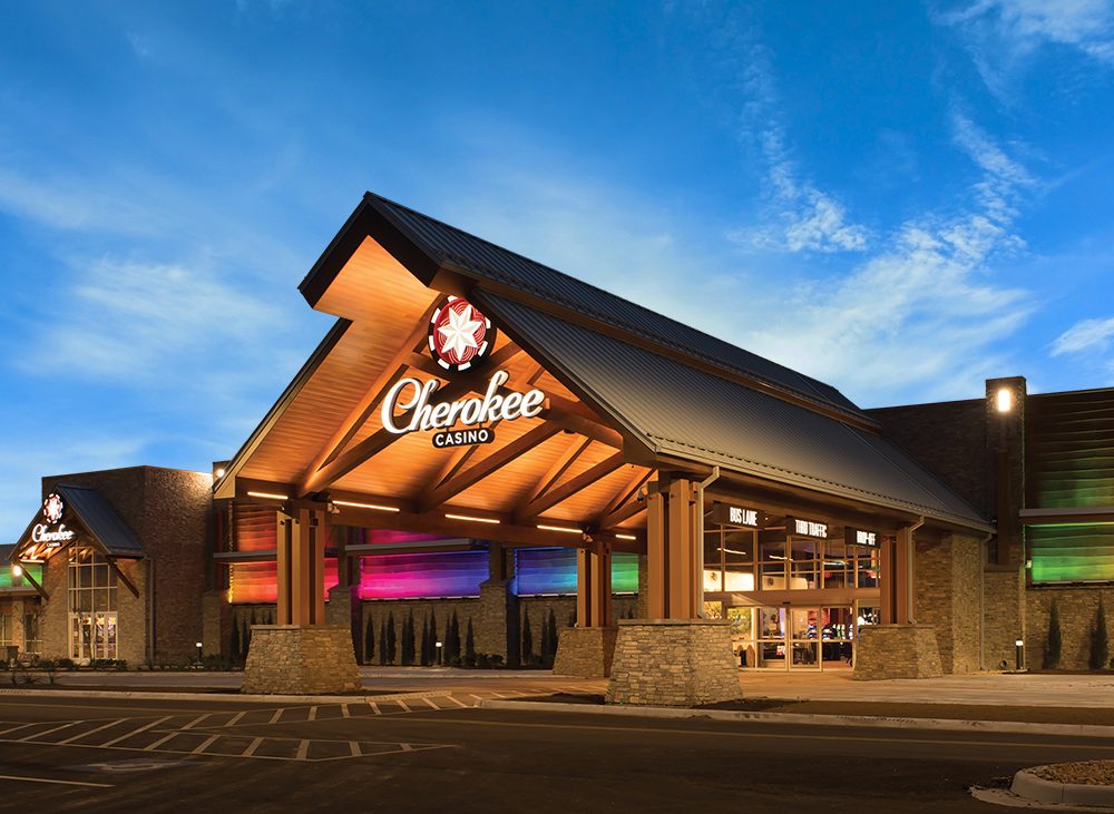 The a-frame entrance of Cherokee Casino Grove on Grand Lake.