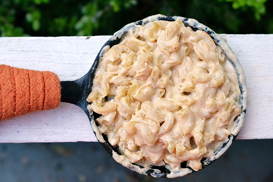 Mac 'n' Cheese cools in a small pan.